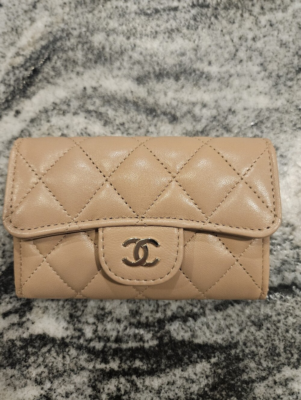 CHANEL Quilted Beige Leather Wallet with Gold CC Logo